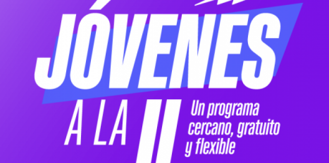 Fondo morado con la frase "Jóvenes a la U, un programa cercano, gratuito y flexible"